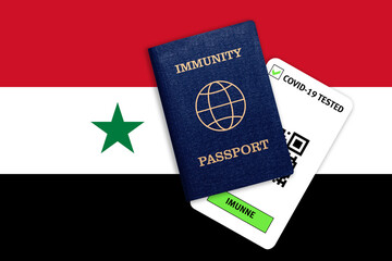 Immunity passport and test result for COVID-19 on flag of Syria
