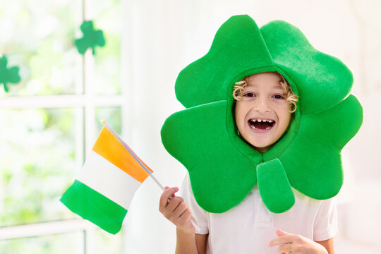 Kids celebrate St Patrick Day. Irish holiday.