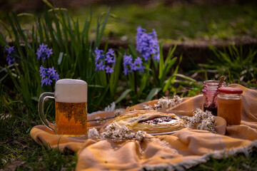 picnic in the spring season on the green grass in the flower garden. a pint of beer placed on the blanket next to a plate of pancakes with jam