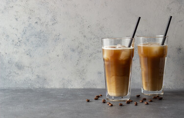 Ice coffee with cream. Cold drinks. Vegetarian food. Healthy eating.