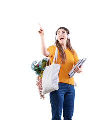 Student girl is showing up with her finger, flower in the bag, listening music happy concept.