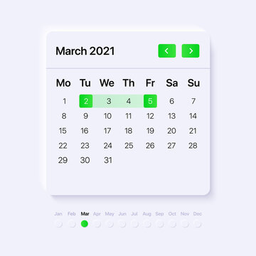 Template for Calendar with green acid gradient pickers. Widget Concept for digital platforms. March month. Vector illustration