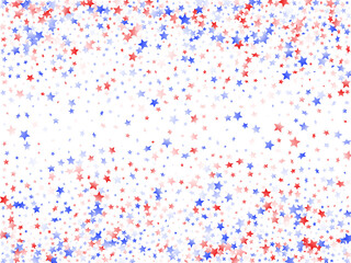 Flying red blue white star sparkles on white vector american patriotic background.
