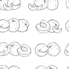 Hand drawn peach. Fruits on white background. Vector sketch  pattern.