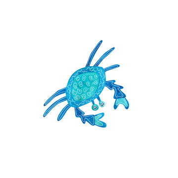 Watercolor crab decorated with white patterns. Blue and turquoise colors. Sea animal hand painted illustration on white background. Great for posters, mug decoration, scrapbooking.