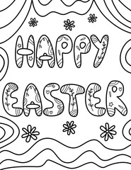 Cute hand drawn black and white lettering happy easter vector illustration for coloring art for adult and children