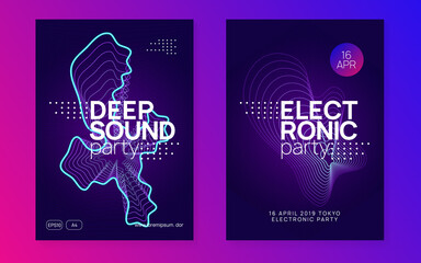 Neon dance flyer. Electro trance music. Techno dj party. Electronic sound event. Club fest poster.