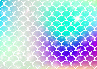 Rainbow scales background with kawaii mermaid princess pattern.