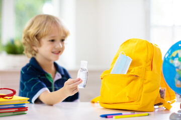 Backpack of school child. Face mask and sanitizer.