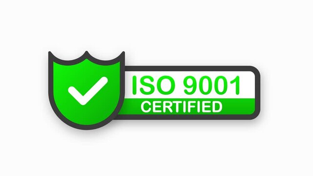 ISO 9001 certified green badge. Flat design stamp isolated on white background. Motion graphic.