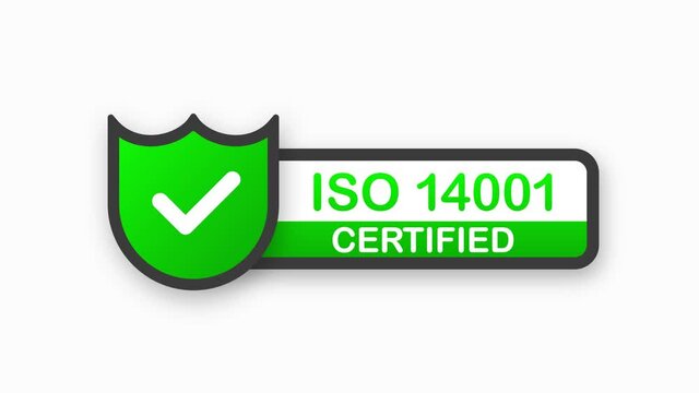 ISO 9001 certified green badge. Flat design stamp isolated on white background. Motion graphic.