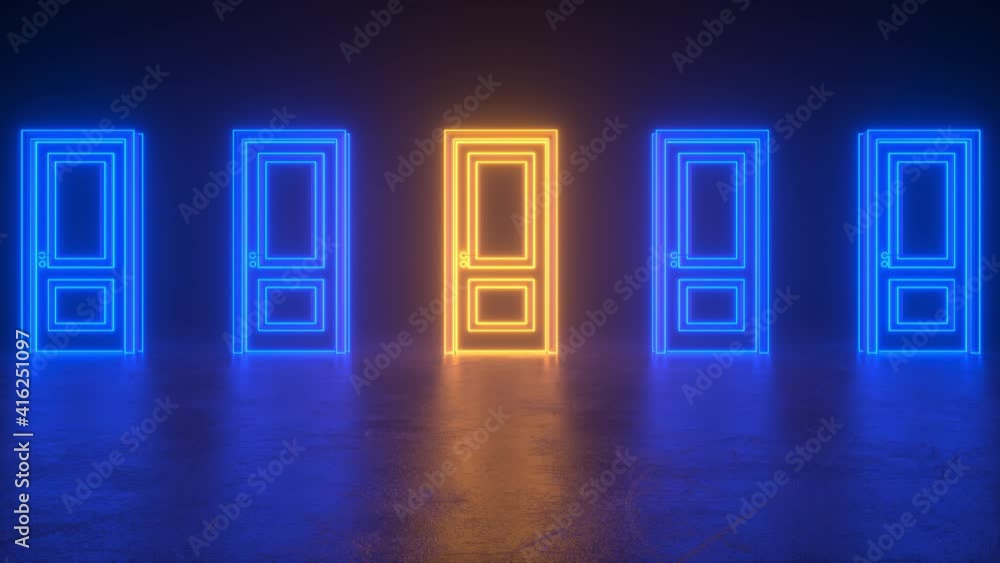 Poster closed blue neon doors made of glowing lines. they light up in orange neon, a running glow. abstract