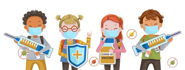 COVID-19 vaccine concept. Children  mask.  Education risks of the virus. Girl mask and a boy mask are holding a knight's sh vaccines and syringes. Fight prevent covid. 
