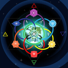 Yoga chakra signs in seed of life circles on dark space background - 416251270