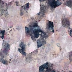 Seamless geometric mixed media collage design in old aged worn look. Geo design overlaid, mottled, and distressed on fabric texture. Seamless repeat raster jpg pattern swatch.