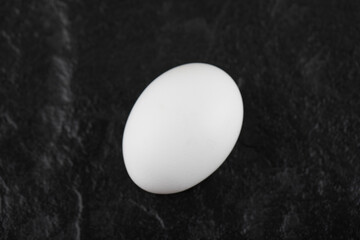 One fresh white chicken eggs on a black background