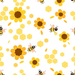 Seamless pattern of sunflower and bee cartoon on white background vector illustration.