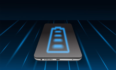 Concept of fast charging the battery in a mobile phone. Realistic smartphone on a dark background with glowing lines. Vector 3d