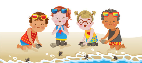 children playing on the beach. Children group on the beach. Boys and girls handing freedom in the sea for turtle. Ecotourism and reserved animals, summer vacation travel.