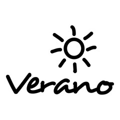 Logotipo con texto manuscrito Verano en español escrito a mano con sol en color negro