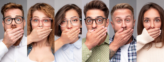Shocked young people covering mouth - obrazy, fototapety, plakaty