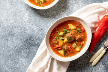 goulash is a traditional Hungarian dish with beef, potatoes, tomatoes and peppers. goulash in white...