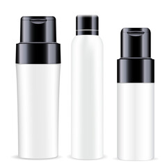 Cosmetic spray white blank. Vector deodorant bottle. Plastic aerosol container isolated template. Hairspray can design. Round pump dispenser bottle, aluminium cylinder packaging mock up