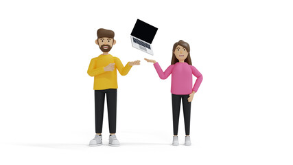 Businessman and women concept. 3d illustration with style Cartoon characters. Application development and social media concept on white background.