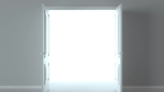 Double open white door on white background. Choice, business and success concept. Welcome, invitation to enter or new opportunity. Flight forward, entering inside the doorway. 3d animation, 4K