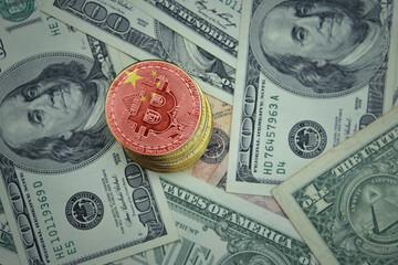 golden shining bitcoins with flag of china on a dollar money background.