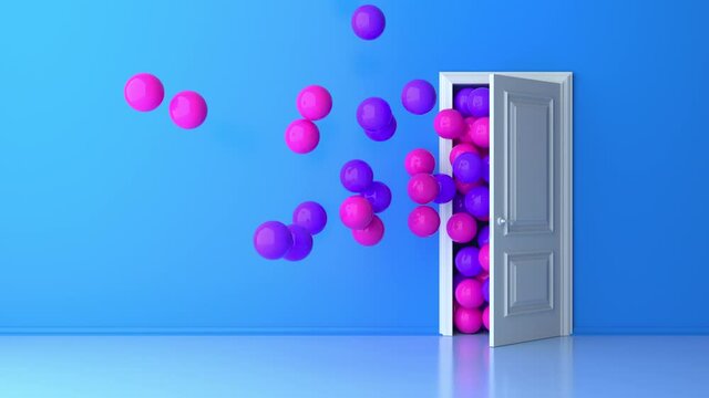 Purple pink balls fly through the open door on blue background. Balloons fly out of the open door into a large room. Light room. Abstract colorful background with air balloon. 3d animation of 4K