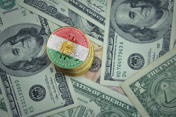 golden shining bitcoins with flag of kurdistan on a dollar money background.