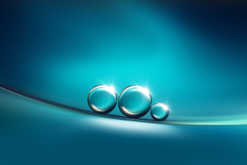 Abstract bright colorful background with drops of oil and water in blue and turquoise tones, macro. Creative image of the beauty of environment and nature.