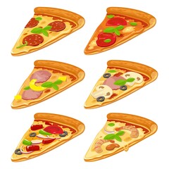 Slices of pizza and the ingredients. Isolated vector flat style illustration for poster, menus, logotype, brochure, presentation. White background.