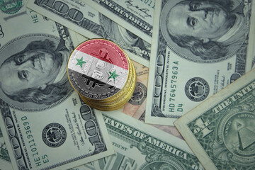 golden shining bitcoins with flag of syria on a dollar money background.