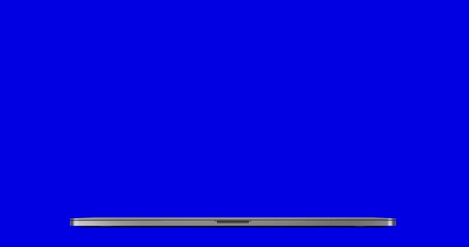 Laptop frame less blank green screen open with smooth animation. Alpha matte included and shadow layer. 60fps 4k, screen with indicators