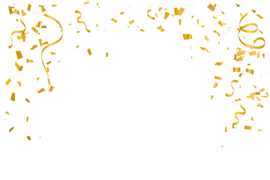 Golden Tiny Confetti And Streamer Ribbon Falling On White Background. Vector