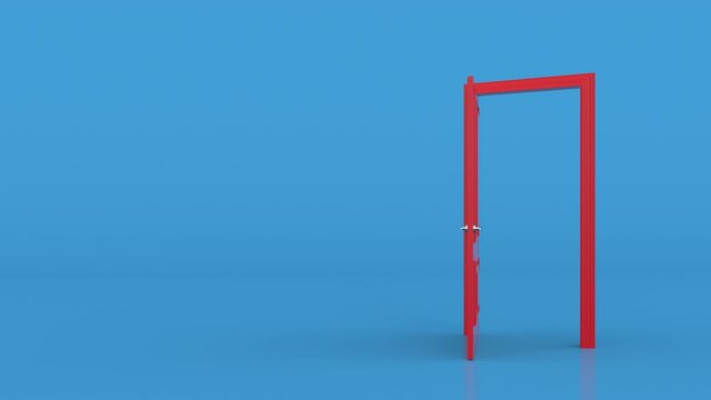 Red door open entrance in blue background room. Choice, business and success concept. Concept illustration for welcome, invitation to enter or new opportunity. 3d animation, 4K