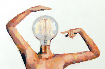 Idea: concept. A light bulb instead of a head. Visualization of the generator of new ideas and innovations.