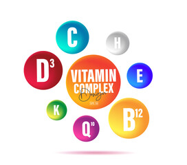 Composition with vitamins elements in multicolor circles, advertising labels for health diet supplements