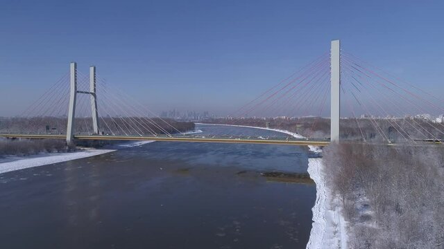 Siekierkowski Bridge in Warsaw during a Cold temperature winter day. Video from the drone.