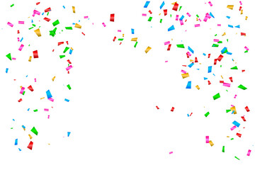 Many falling colorful confetti isolated on white background. Celebration banner. Vector