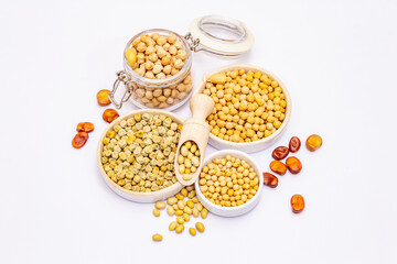 Assorted variety of legumes isolated on white