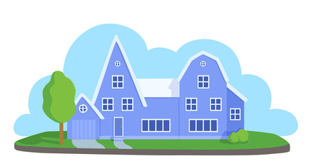 A model of a country house building with a garage. Sky cloud, lawn, tree. A suburb cottage, townhouse front view. A vector cartoon illustration.