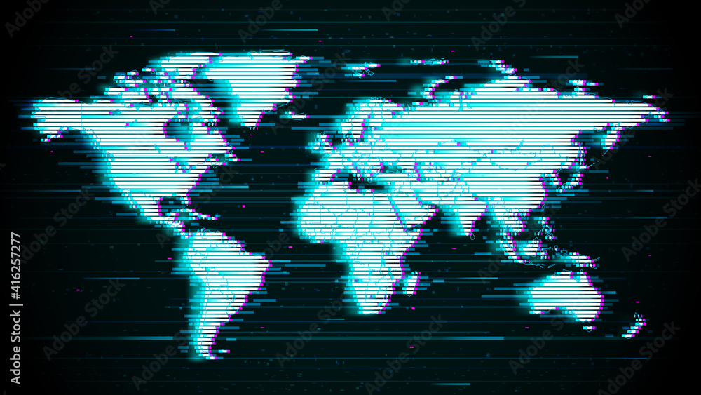 Poster vector. abstract map of the planet earth on a dark background. glitch. white torn outlines of contin