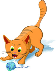 Cartoon cute cat and ball of thread 