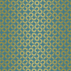Abstract seamless vector pattern with gold daisy petals on blue background. Minimal concept great for summer home decor vintage fabric, scrapbooking, wallpaper, gift-wrap. Surface pattern design.