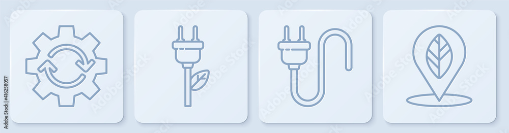 Poster set line gear and arrows as workflow, electric plug, electric saving plug in leaf and location with 