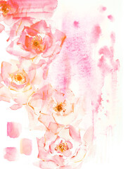 Hand drawn watercolor rose flowers in temder pink and red colors on grunge abstract background