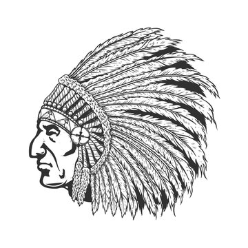 Illustration of native american chief head in traditional headdress. Design element for logo, label, sign, emblem, poster. Vector illustration